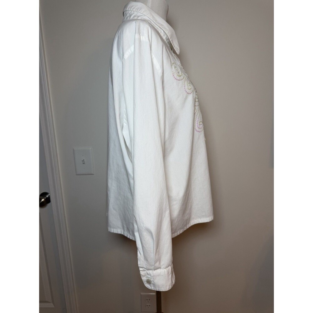Bob Mackie Wearable Art White Button Front Shirt XL Iridescent Swirl Sequins - Picture 3 of 7